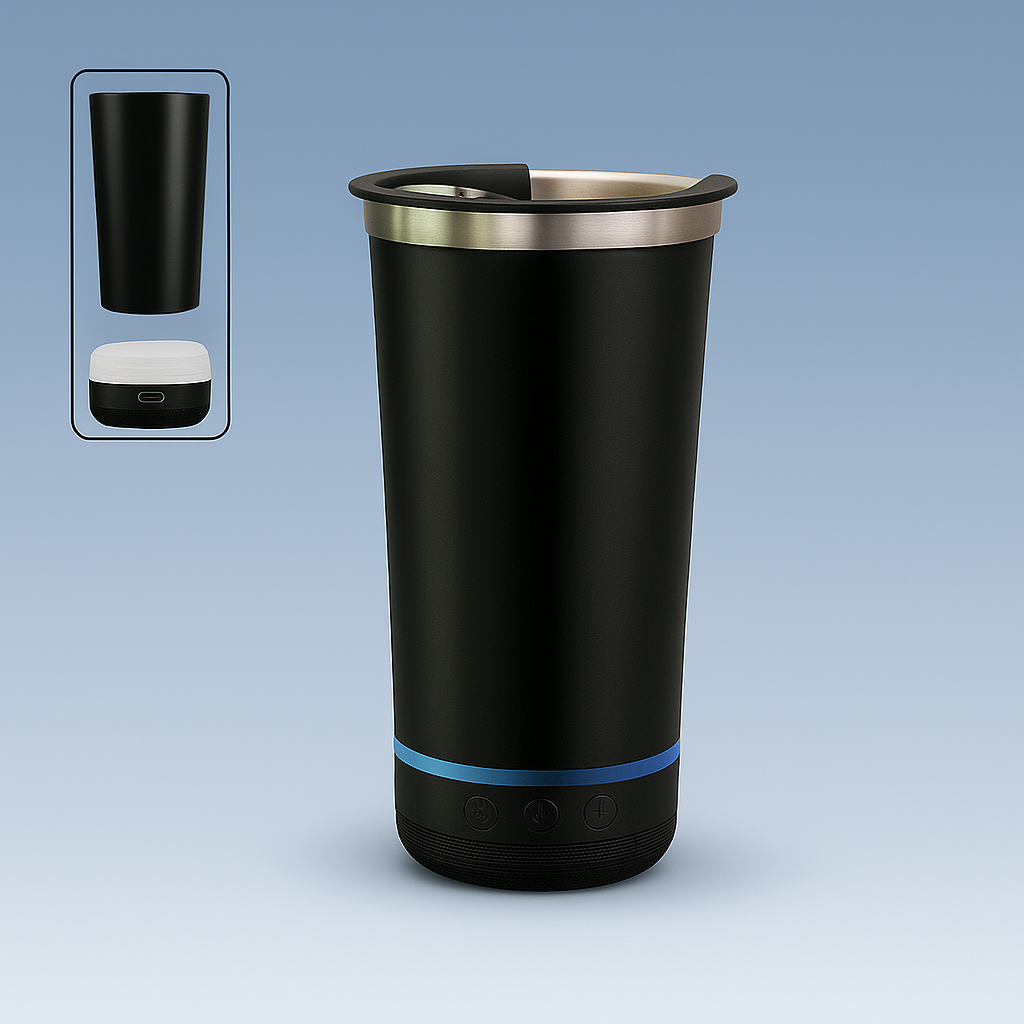 El vaso térmico más versátil del mercado: Parlante Bluetooth + abridor + acero inoxidable.